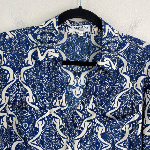 Express Portofino Shirt Womens Large Blue White Original Roll Tab Sleeve Blouse - Picture 2 of 8